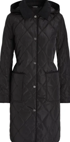 Corduroy-Trim Logo Quilted Hooded Coat