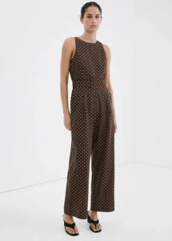 Linen jumpsuit with polka-dot belt