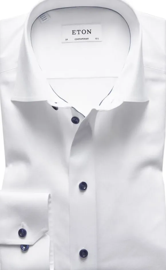 White Twill Shirt Dark Blue Details - Contemporary Fit